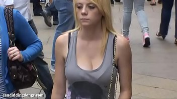 Busty blonde teen candid with sexy cleavage & bouncing boobs, slowmotion