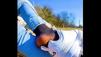 Shoeplay Dipping Girl slips out of her sweaty stinky Nylons sneakers Feet footfetish clip video foot toe